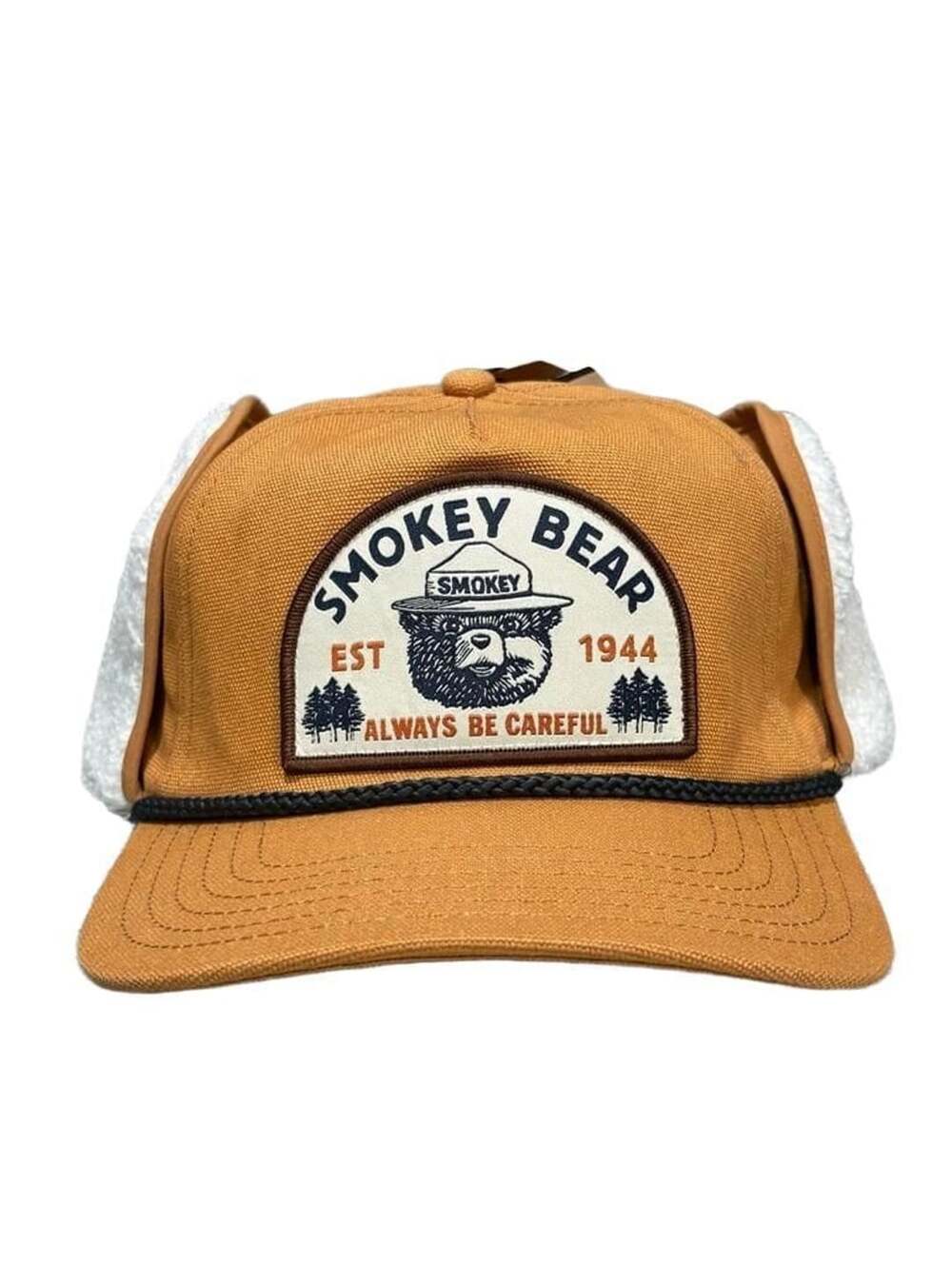 Classic Retro Smokey Bear Rope Snapback  Brown Fleece Ear Flaps (NWT)